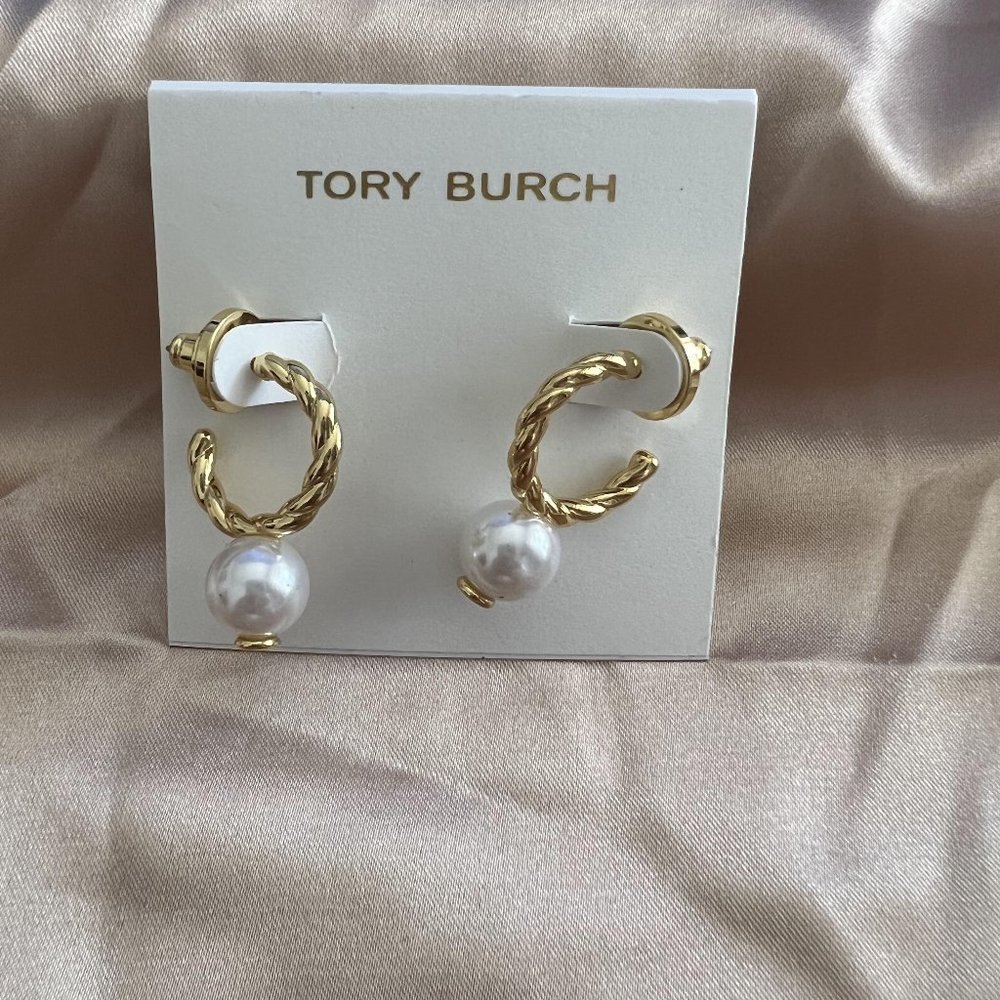 TORY BURCH • Rope Logo Bead Hoop Earrings